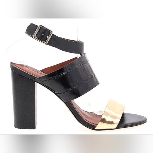 Elizabeth and James Black Faux Crocodile and Gold Strapped Heels - Picture 2 of 5